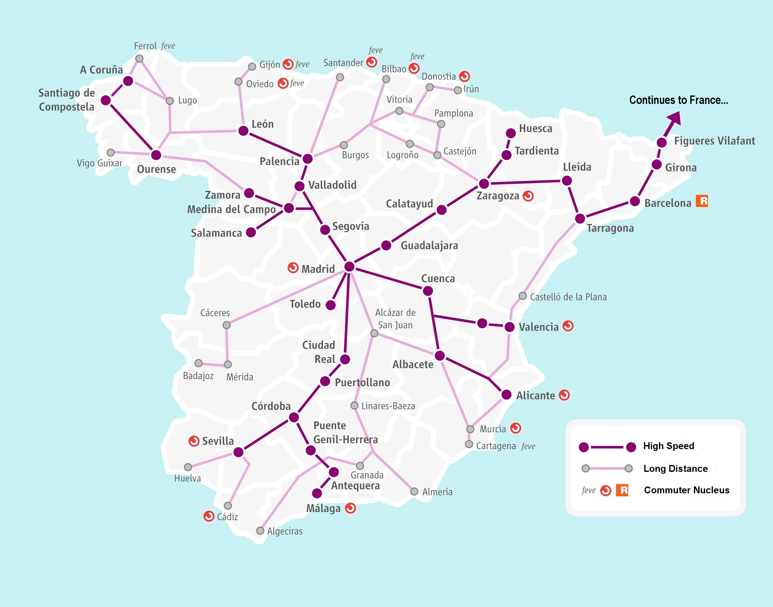 Renfe high speed and long distance routes map